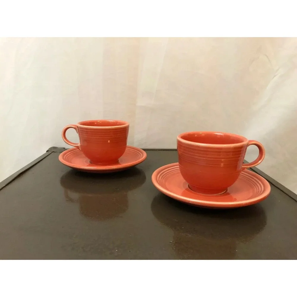 Fiestaware Homer Laughlin 4 pc Set Poppy Orange‎ Coffee Tea Cups Saucers Retro